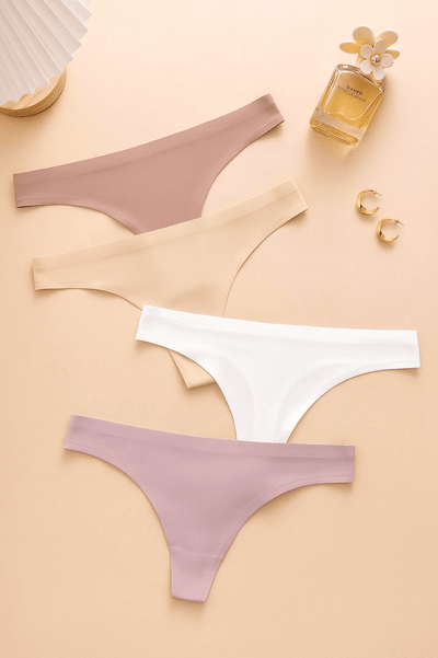 4-pack seamless thongs for women – soft stretch fabric, No Visible Panty Lines, invisible under clothes, designed for everyday comfort and style.